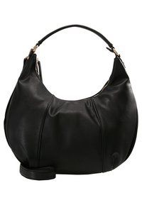 Svart läderaxelväska med en böjd silhuett, dragkedjestängning upptill och avtagbar rem. Har diskret sömnad och detaljer i guldmetall.