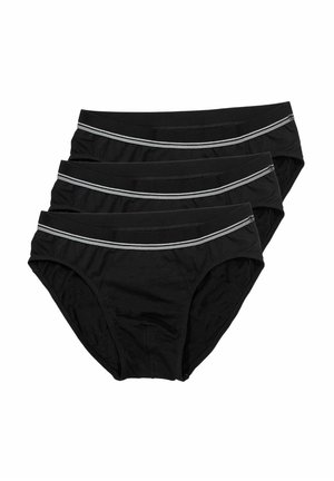 Tre slip neri da uomo impilati, ognuno con una fascia elastica in vita con due sottili strisce bianche orizzontali.