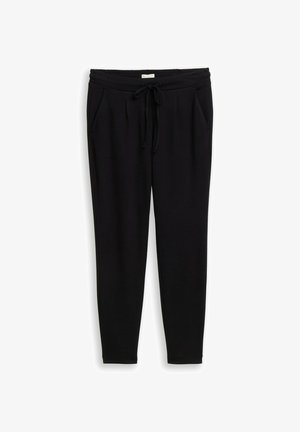 Pantalons de jogging noirs en tissu doux et texturé. Ils sont dotés d'une taille élastique avec cordon de serrage et de deux poches latérales.