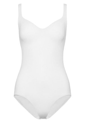 Witte bodysuit met dunne bandjes, gladde textuur, diepe ronde halslijn en een getailleerde pasvorm. Geen zichtbare hardware of patronen.