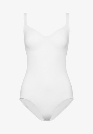 Witte bodysuit met dunne bandjes, gladde textuur, diepe ronde halslijn en een getailleerde pasvorm. Geen zichtbare hardware of patronen.