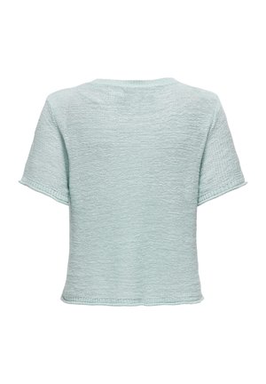 Lyseblå, tekstureret kortærmet sweater med rund halsudskæring og løs pasform. Afsluttede kanter uden synlige sømme.