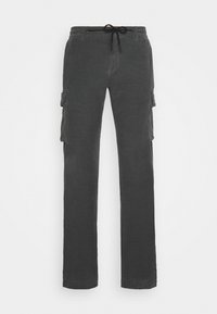 Szare spodnie cargo z teksturowanej tkaniny, elastycznym pasem i regulowanym sznurkiem. Posiadają duże boczne kieszenie i proste nogawki.