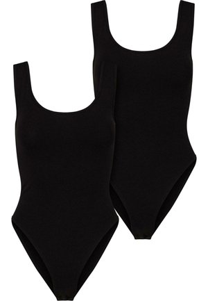 Black bodysuits with a scoop neck and wide straps, featuring a classic cut and high leg design. Made from stretchy, soft fabric.