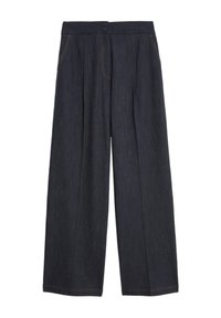 Weit geschnittener dunkler Jeanshose mit zwei Fronttaschen, gefaltetem Design und sichtbaren orangen Nähten an den Kanten und Nähten. Zwei-Knopf-Verschluss am Bund.