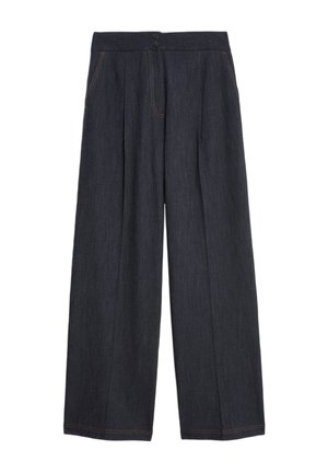 Pantaloni in denim scuro a gamba larga con due tasche frontali, design plissettato e cuciture orange visibili sui bordi e le cuciture. Chiusura in vita con due bottoni.