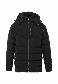 Schwarze Steppjacke mit abnehmbarem Kapuzen, Reißverschluss vorne und diagonaler Steppmusterung. Verfügt über Seitentaschen und ein schlankes Design.