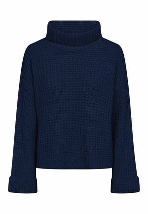 Jersey de cuello alto de punto grueso azul marino, con mangas largas y puños doblados, con un patrón texturizado de gofre.