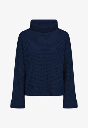 Jersey de cuello alto de punto grueso azul marino, con mangas largas y puños doblados, con un patrón texturizado de gofre.