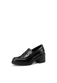 Mocassini in pelle nera con punta tondeggiante, dettagli rettangolari sulla parte superiore e tacco largo a blocco. Texture liscia, finitura lucida.
