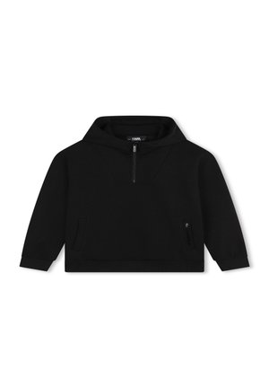 Haut à capuche noir en tissu doux, avec un col zippé mi-hauteur, une poche kangourou et des poignets côtelés pour un ajustement sécurisé.