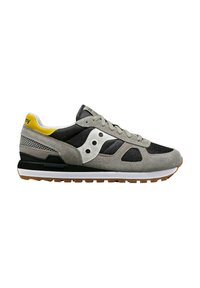Sneaker grigia e nera con tomaia in mesh, dettagli in suede, tallone giallo e logo bianco. Dotato di una suola imbottita e di una presa texture.