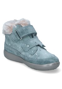 Samt-Ankle-Boots in Teal mit weicher Kunstfellfütterung. Mit Sternmustern und doppelten Klettverschlüssen. Gummisohle für Grip und Unterstützung.