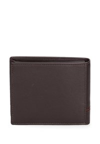Portefeuille en cuir brun avec une texture lisse, design pliant, bords cousus et profil mince. Présente un accent subtil dans une teinte plus claire.