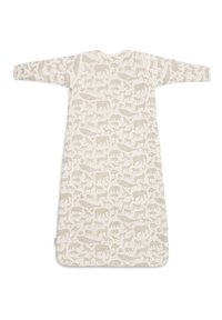 Sac de couchage à motifs animaliers beige, présentant diverses silhouettes d'animaux dans une teinte neutre claire ; fabriqué en tissu doux et respirant.