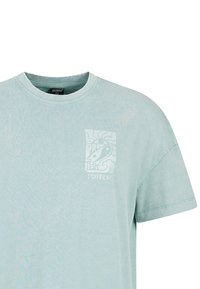 Licht mintgroen T-shirt van katoen. Heeft een klein wit logo op de linkerborst en een ronde halslijn. Korte mouwen.