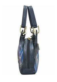 Mariene leren handtas met goudkleurige details, ritssluiting en een kleurrijk abstract ontwerp. Voorzien van dubbele handgrepen voor gemakkelijk dragen.