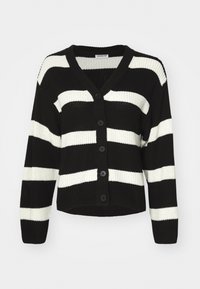 Zwart-wit gestreepte gebreide cardigan met een V-hals, knoopsluiting aan de voorkant en lange mouwen. Gestructureerde stof met een relaxte pasvorm.