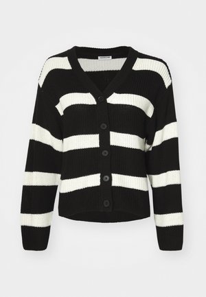 Svart og hvit stripete strikket cardigan med v-hals, knappelukking i front og lange ermer. Teksturert stoff med avslappet passform.