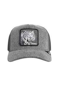 Graue Stoffkappe mit schwarzem Netzrücken. Auf der Vorderseite befindet sich ein gesticktes Tigerpatch mit blauen Augen. Flaches Schild, verstellbarer Riemen.