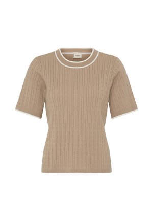 Bež pulover s kratkimi rokavi iz pletenine s kabelskim vzorcem in belim obrobjem na okroglem izrezu in manšetah na rokavih.