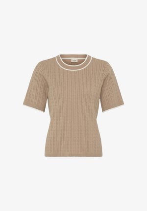 Beige short-sleeve knit sweater with cable pattern and white trim on round neckline and sleeve cuffs.