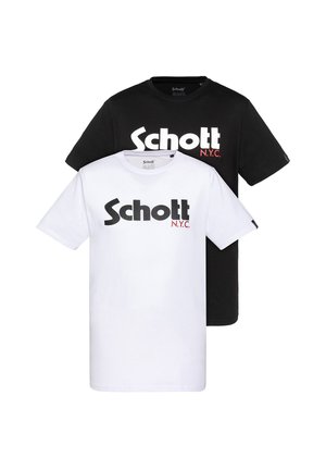 Deux t-shirts à manches courtes avec col rond, un blanc et un noir, chacun avec "Schott N.Y.C." imprimé sur le devant.