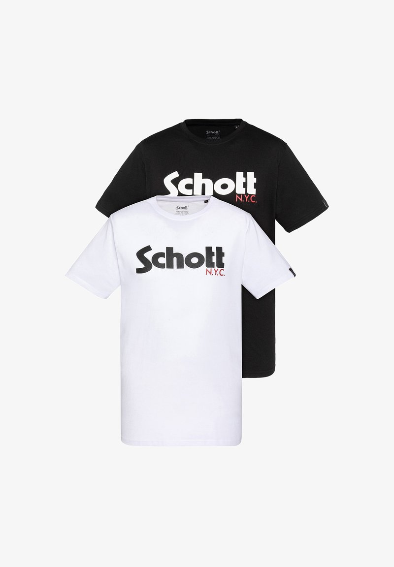 Deux t-shirts à manches courtes avec col rond, un blanc et un noir, chacun avec "Schott N.Y.C." imprimé sur le devant.