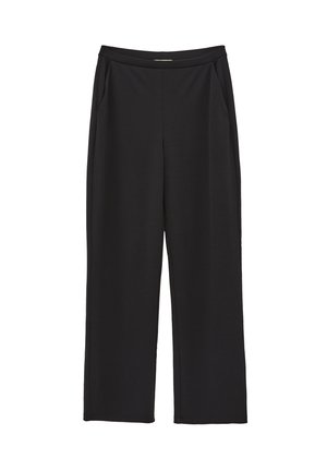 Pantaloni neri a gamba larga con tasche laterali e una cintura liscia, esposti piatti su uno sfondo bianco.