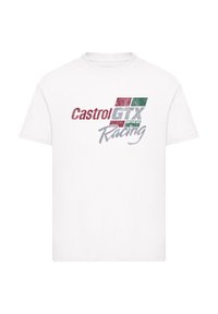 White cotton T-shirt featuring "Castrol GTX" and "Racing" text in red, green, and gray with a distressed effect. Short sleeves and crew neck design.