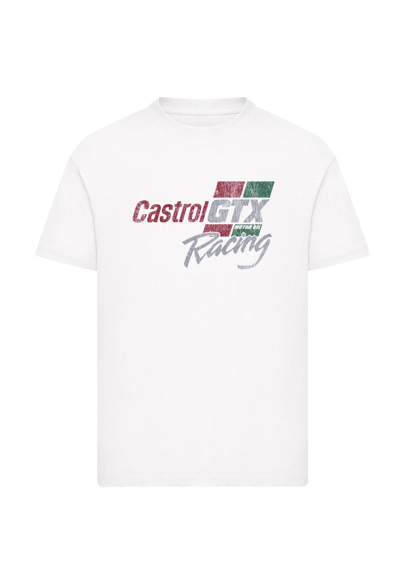 White cotton T-shirt featuring "Castrol GTX" and "Racing" text in red, green, and gray with a distressed effect. Short sleeves and crew neck design.