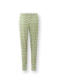 Grüne, gemusterte Hosen mit floralen Designs in Rot und Weiß, aus leichtem Stoff, mit elastischem Bund und schmal zulaufenden Beinen.