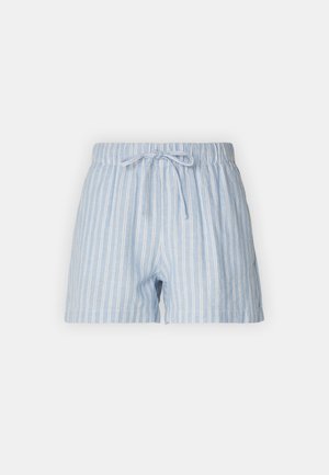 Shorts rayés bleu clair avec une taille élastique et un cordon de serrage, présentant une texture douce et un design décontracté. Pas de poches visibles.