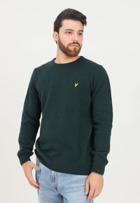 Maglione verde lavorato a maglia con scollatura a girocollo, polsini e orlo a costine, con un piccolo logo giallo sul petto, indossato con jeans azzurri chiari.