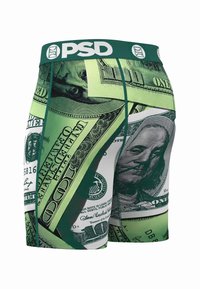 Herre-boxershorts med et motiv av dollarsedler. Laget av elastisk stoff, i grønt og hvitt, med en ensfarget linning og detaljerte pengegrafikker.