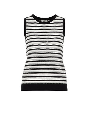 Sleeveless sweater in black and white striped pattern, featuring a ribbed round neckline and textured knit fabric.