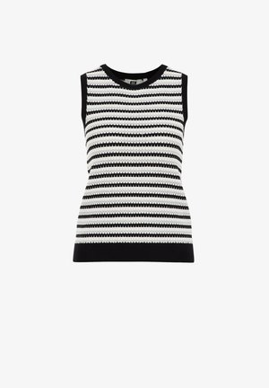 Hihaton neulepaita mustavalkoisella raidoituksella, jossa on ribatut pyöreät kaulukset ja teksturoitu neulottu kangas.