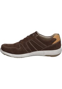 Brown suede sneaker with white sole, featuring stitched detailing, side accents, and a tan heel tab. Lace-up design for secure fit.