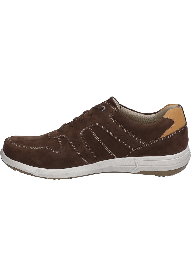 Brown suede sneaker with white sole, featuring stitched detailing, side accents, and a tan heel tab. Lace-up design for secure fit.