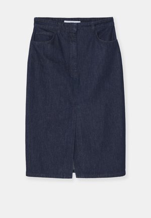 Czarna dżinsowa spódnica o kroju ołówkowym z rozcięciem z przodu, dwoma bocznymi kieszeniami i standardowym pasem. Czyste szwy i klasyczny krój bez ozdób.