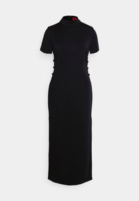 Mustapituinen, polvipituinen mekko korkealla kauluksella, lyhyillä hihoilla, sivuleikkauksilla ja sileällä pinnalla. Ominaisuudet sisällyttävät vartalonmyötäisen siluetti.