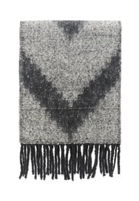 Vlnená deka s monochromatickým vzorom v odtieňoch sivej, dokončená dlhými tmavými strapcami pozdĺž okrajov. Obdĺžnikový tvar.
