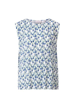 Top fleuri avec des fleurs bleues et vertes sur un fond blanc, présentant un col rond et un design large sans manches. Tissu léger.