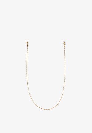 Collar de cadena en tono dorado con un diseño delicado y fino. Presenta acentos de cuentas transparentes en cada extremo y una textura suave en toda su longitud.