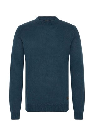 Suéter de punto azul marino, con mangas largas, cuello redondo, puños y dobladillo en acanalado, que presenta un pequeño logotipo cerca del fondo.