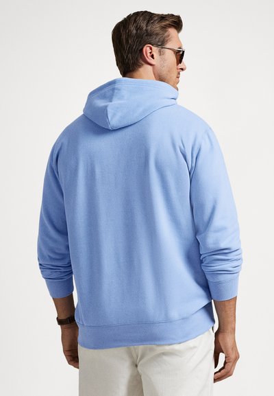 Šviesiai mėlynas džemperis su gobtuvu, pagamintas iš minkštos medžiagos, turi stringinius raištelius prie gobtuvo, ribinčius rankogalius ir laisvą kirpimą. Vienos spalvos, be jokių matomų raštų.