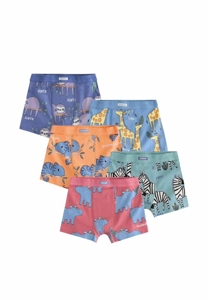 Set di sei pantaloni corti per bambini in vari colori e fantasie di animali, tra cui bradipi, giraffe, camaleonti, elefanti, zebre e rinoceronti.