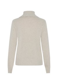 Hellbeiger Pullover mit einem gerippten Rollkragen, langen Ärmeln und einem taillierten Saum. Hergestellt aus einem weichen, leichten Material mit einem dezenten Muster.