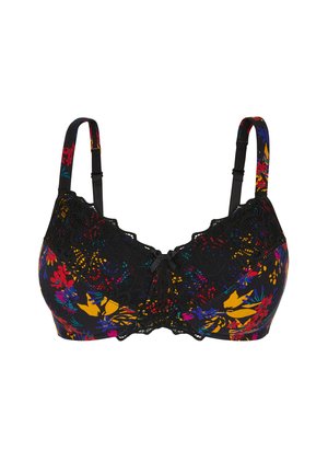 Soutien-gorge noir avec imprimé floral multicolore, bordure en dentelle sur les bonnets, bretelles réglables et petit nœud central.