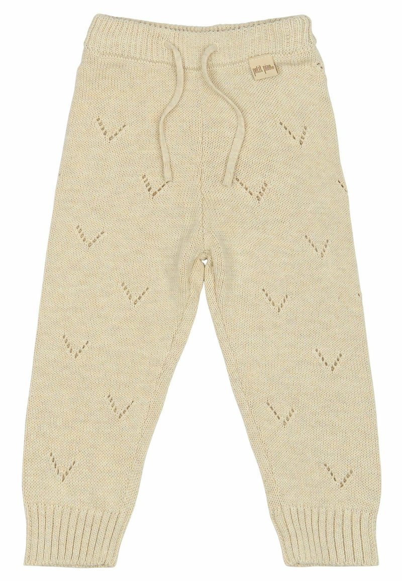 Pantalon pour bébé en beige clair, avec une taille côtelée, un cordon de serrage et de petites découpes en V sur tout le tissu.